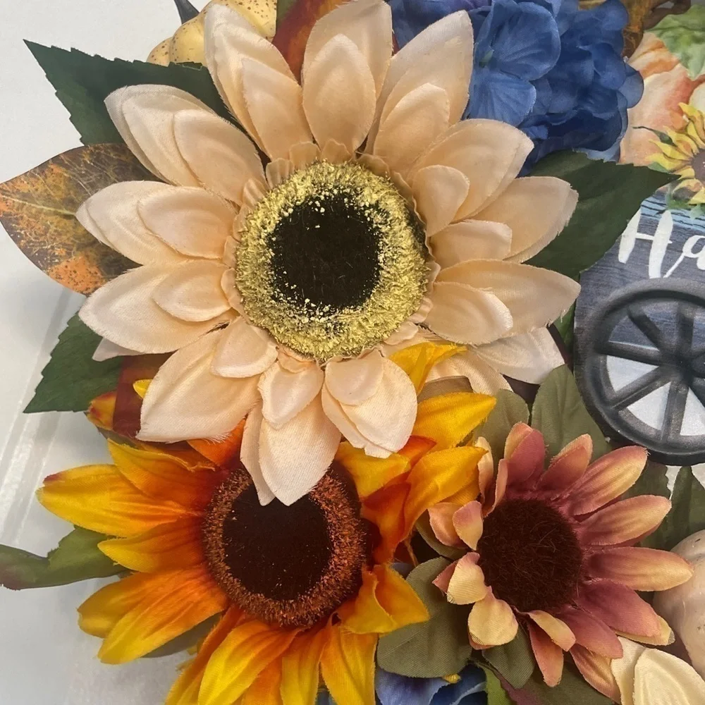 Handmade fall sunflower wreath sign says happy fall y’all 24”